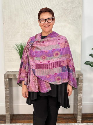 Cashmere Reversible Buckle Shawl, Grid Dots Teal Fuchsia