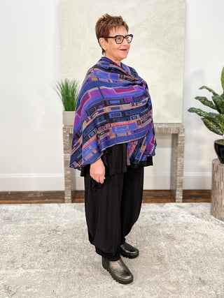 Cashmere Reversible Buckle Shawl, Rectangles Royal Blue Multi