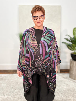 Cashmere Reversible Ruana, Swirls Black Multi