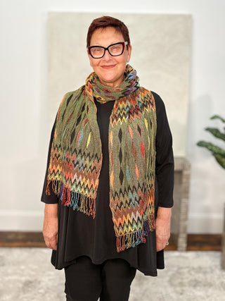 Reversible Oblong Silk Blend Scarf, Zig Zag Diamonds Green Orange Multi