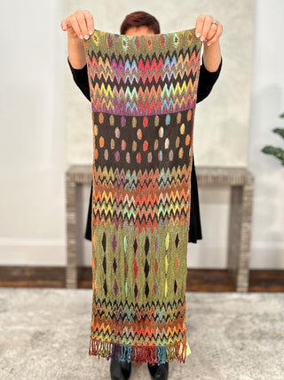 Reversible Oblong Silk Blend Scarf, Zig Zag Diamonds Green Orange Multi