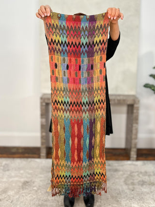 Reversible Oblong Silk Blend Scarf, Zig Zag Diamonds Green Orange Multi