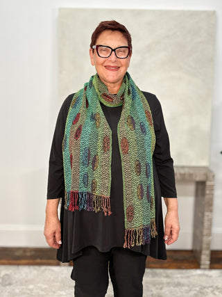 Reversible Oblong Silk Blend Scarf, Flower Dots Green Multi