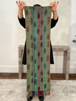 Reversible Oblong Silk Blend Scarf, Flower Dots Green Multi