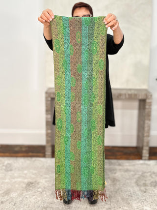 Reversible Oblong Silk Blend Scarf, Flower Dots Green Multi