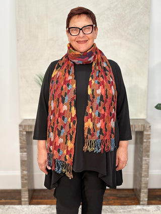 Reversible Oblong Silk Blend Scarf, Organic Shapes Orange Multi