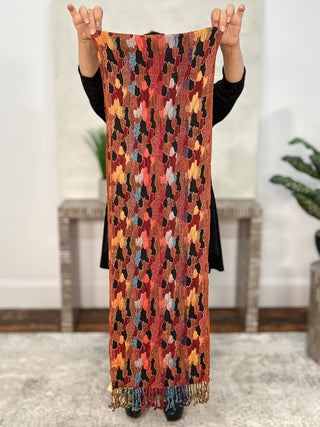 Reversible Oblong Silk Blend Scarf, Organic Shapes Orange Multi