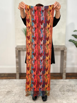 Reversible Oblong Silk Blend Scarf, Organic Shapes Orange Multi