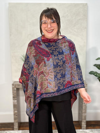 Cashmere Reversible Poncho, Floral Paisley Navy Magenta