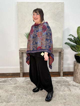 Cashmere Reversible Poncho, Floral Paisley Navy Magenta