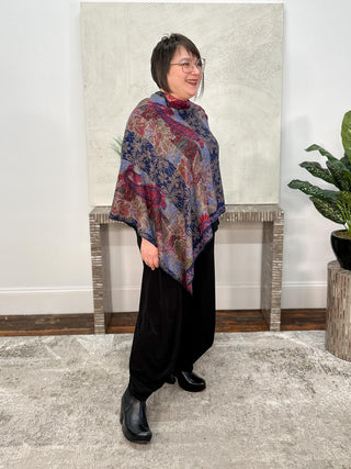 Cashmere Reversible Poncho, Floral Paisley Navy Magenta
