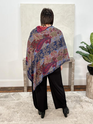 Cashmere Reversible Poncho, Floral Paisley Navy Magenta