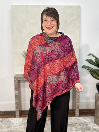 Cashmere Reversible Poncho, Floral Paisley Navy Magenta