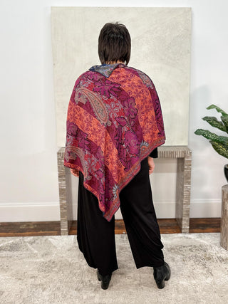 Cashmere Reversible Poncho, Floral Paisley Navy Magenta