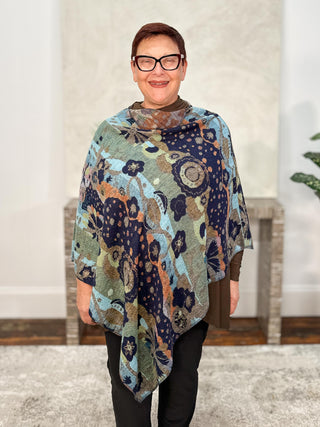 Cashmere Reversible Poncho, Striped Floral Navy Multi