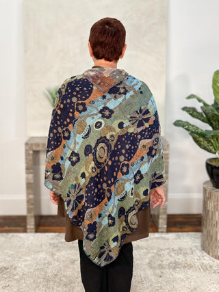 Cashmere Reversible Poncho, Striped Floral Navy Multi