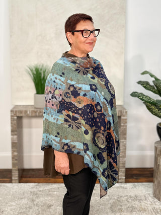Cashmere Reversible Poncho, Striped Floral Navy Multi
