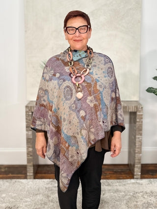 Cashmere Reversible Poncho, Striped Floral Navy Multi