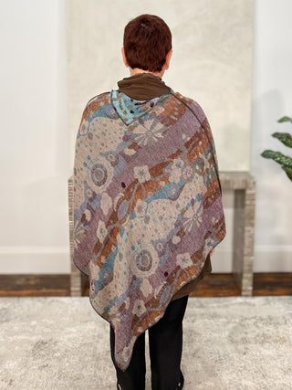 Cashmere Reversible Poncho, Striped Floral Navy Multi