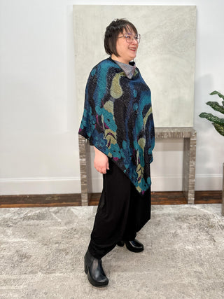 Cashmere Reversible Poncho, Large Flower Black Multi