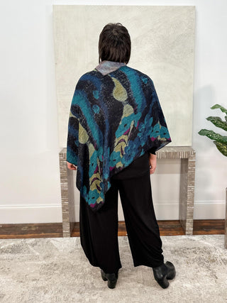 Cashmere Reversible Poncho, Large Flower Black Multi