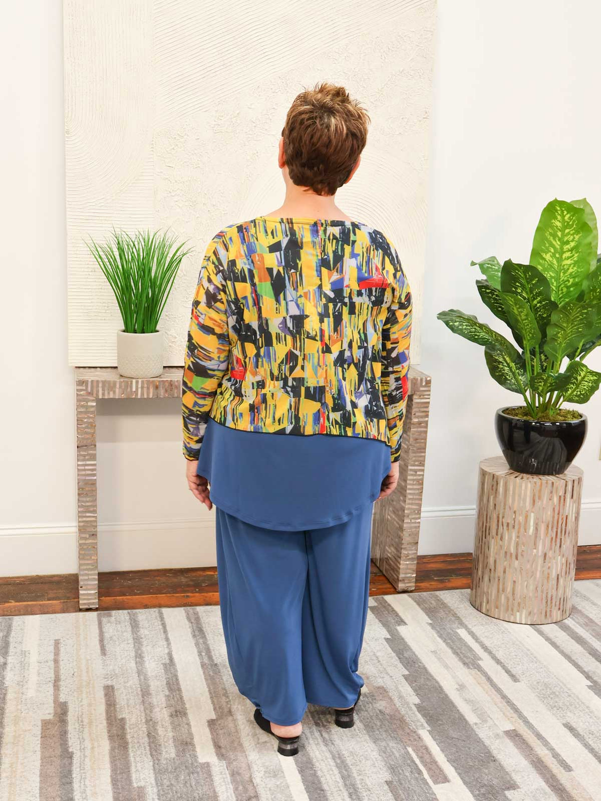 Shana Asymmetric Printed Mesh Topper, Mustard - Statement Boutique