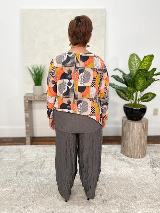 Shana Asymmetric Printed Mesh Topper, Mustard/Peach - Statement Boutique