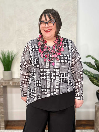 Asymmetric Printed Mesh Topper, Black White