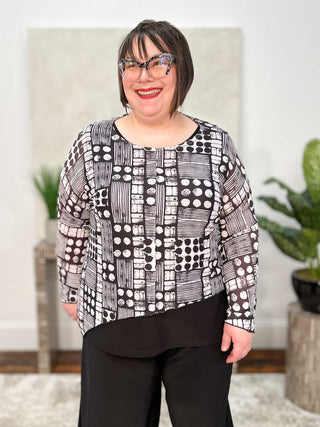 Asymmetric Printed Mesh Topper, Black White