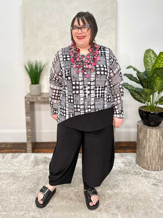 Asymmetric Printed Mesh Topper, Black White