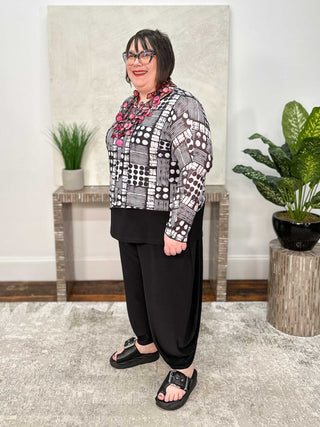 Asymmetric Printed Mesh Topper, Black White