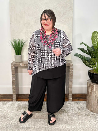 Asymmetric Printed Mesh Topper, Black White