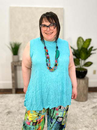 Shana Crinkle Angled Vent Tank, Aqua - Statement Boutique