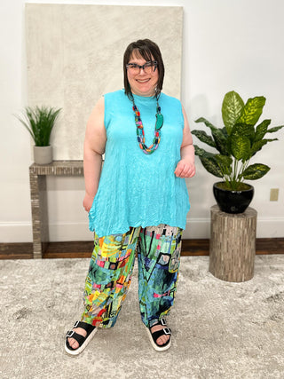 Shana Crinkle Angled Vent Tank, Aqua - Statement Boutique
