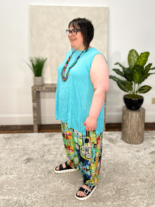 Shana Crinkle Angled Vent Tank, Aqua - Statement Boutique