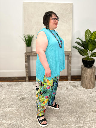 Shana Crinkle Angled Vent Tank, Aqua - Statement Boutique