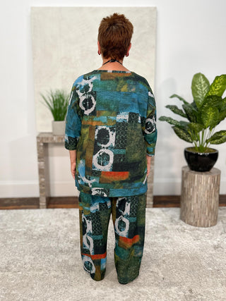 Shana Printed Brushed Knit Tulip Lantern Pant, Green Multi - Statement Boutique