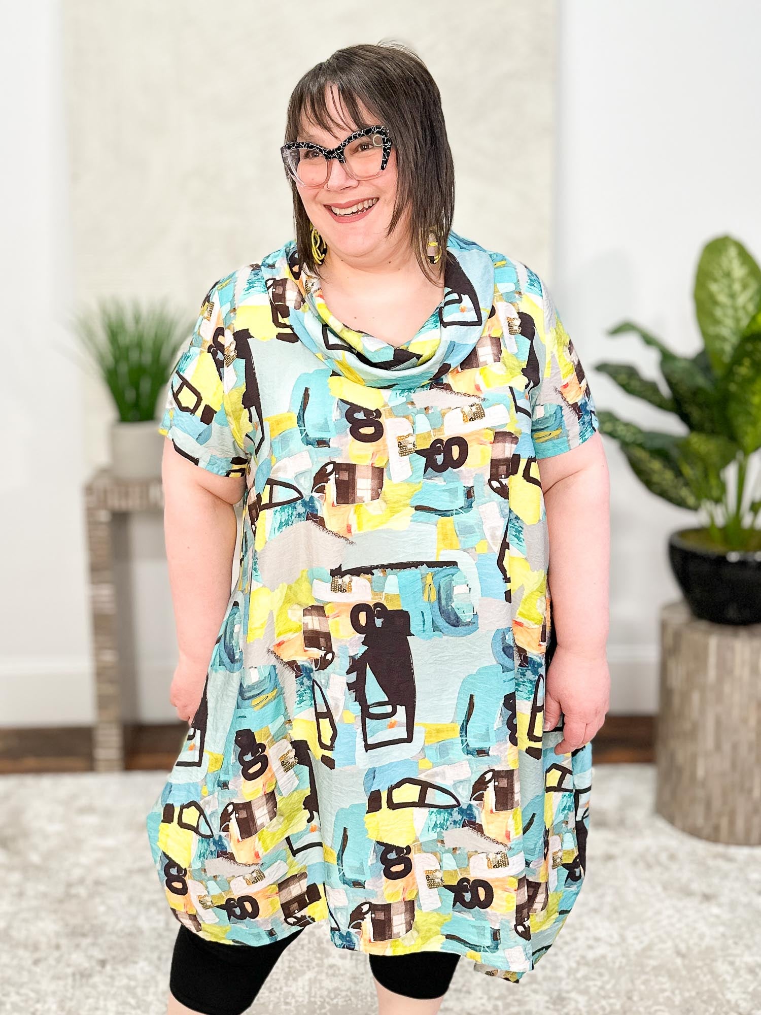 Shana Printed Cowl Neck Tunic Dress, Aqua - Statement Boutique