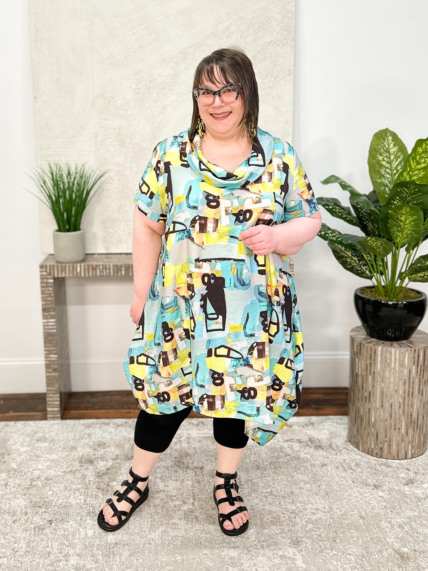 Shana Printed Cowl Neck Tunic Dress, Aqua - Statement Boutique