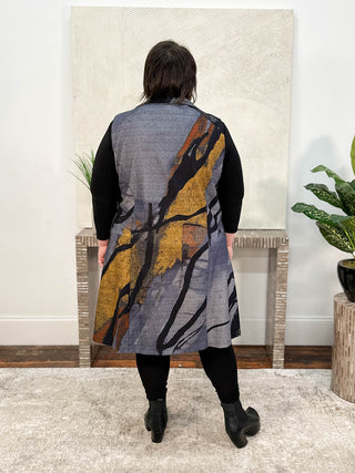 Shana Printed Duster Vest, Grey/Mustard - Statement Boutique