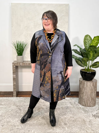 Shana Printed Duster Vest, Grey/Mustard - Statement Boutique