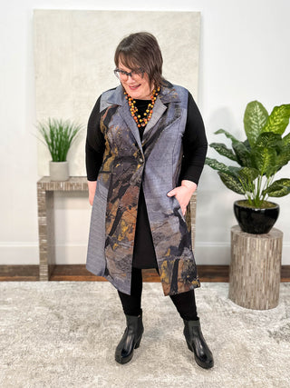 Shana Printed Duster Vest, Grey/Mustard - Statement Boutique