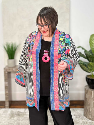 Silky Printed Kimono Jacket, Black Multi