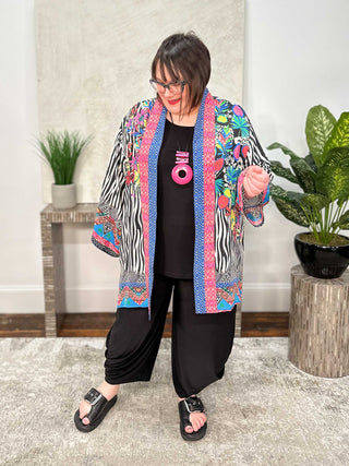 Silky Printed Kimono Jacket, Black Multi