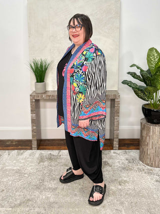 Silky Printed Kimono Jacket, Black Multi