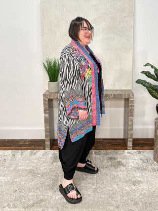 Silky Printed Kimono Jacket, Black Multi