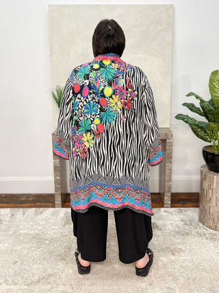 Silky Printed Kimono Jacket, Black Multi