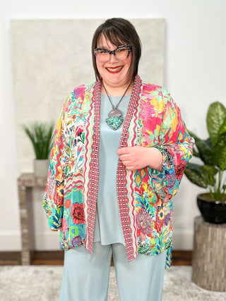 Silky Printed Kimono Jacket, Pink Multi