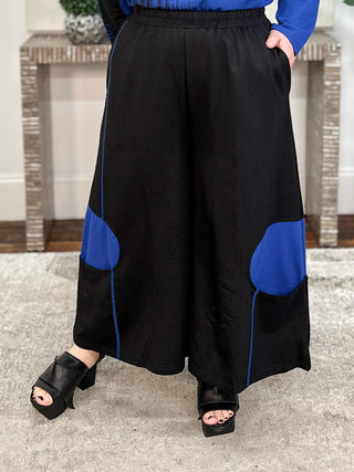 Pocket Detail Wide Leg Crop Pant, Black/Blue