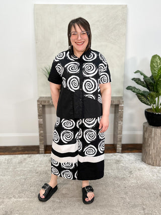 Simply Vanite Printed Poplin Shirt & Crop Pant Set, Black/Circles - Statement Boutique